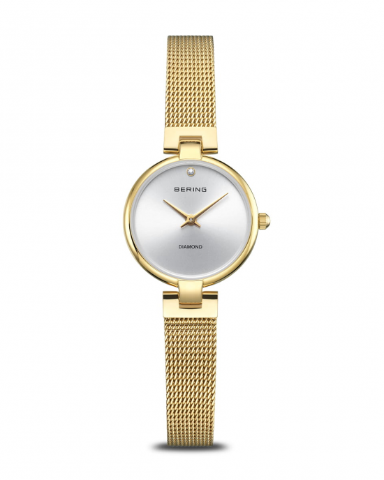stalen Bering horloge, volledig verguld, sierlijke aanzet, milanaise band, zilverkleurige wijzerplaat met een diamant op de 12 uurspositie - 11115986 stalen Bering horloge, volledig verguld, sierlijke aanzet, milanaise band, zilverkleurige wijzerplaat met een diamant op de 12 uurspositie - 11115986