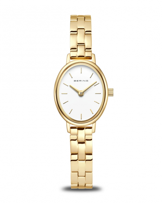 stalen sierlijke Bering horloge, ovale kast met schakelband, volledig geel verguld, lichte wijzerplaat met streepindex, 11020-734 - 11115988 stalen sierlijke Bering horloge, ovale kast met schakelband, volledig geel verguld, lichte wijzerplaat met streepindex, 11020-734 - 11115988