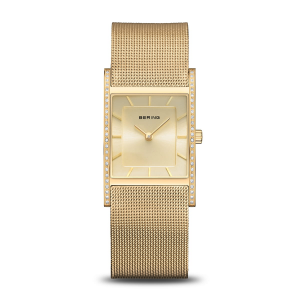 Bering Dames horloge met 4-kante gebogen kast, kast en milanaise band geel verguld zijn, champagnekleurige wijzerplaat en saffierglas, kast aan weerszijdes voorzien van zirconia's,10426-333-S - 11115989