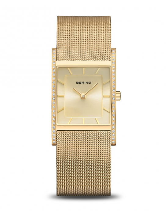 Bering Dames horloge met 4-kante gebogen kast, kast en milanaise band geel verguld zijn, champagnekleurige wijzerplaat en saffierglas, kast aan weerszijdes voorzien van zirconia's,10426-333-S - 11115989