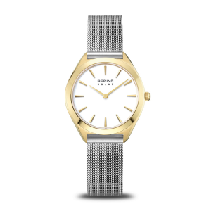 bicolor Bering horloge, met geelgoudkleurige kast en stalen milanaise band, Solar uurwerk, saffierglas, lichte wijzerplaat en streepindex, 17331-010 - 11115991