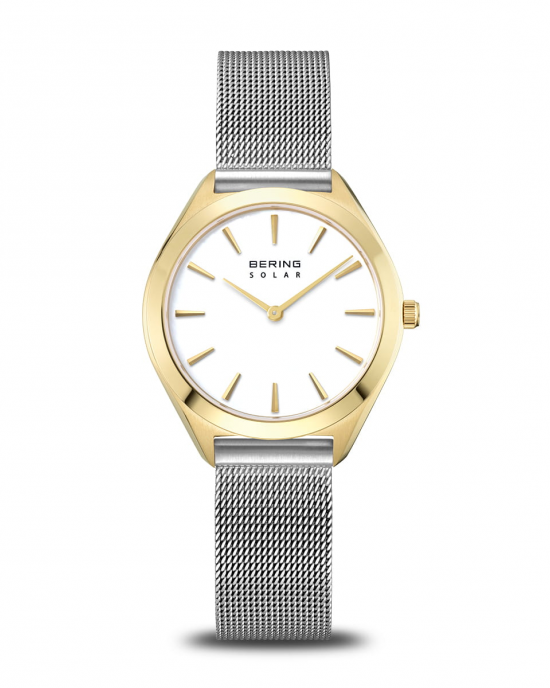 bicolor Bering horloge, met geelgoudkleurige kast en stalen milanaise band, Solar uurwerk, saffierglas, lichte wijzerplaat en streepindex, 17331-010 - 11115991