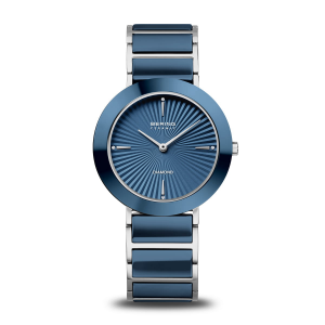 Bering horloge, stalen kast van 35 mm, stalen band met donkerblauw keramiek schakels, lunette is donkerblauw keramiek, blauwe Sunburst wijzerplaat met op 4 uursposities een diamant, saffier glas, 11435-70702 - 11115995