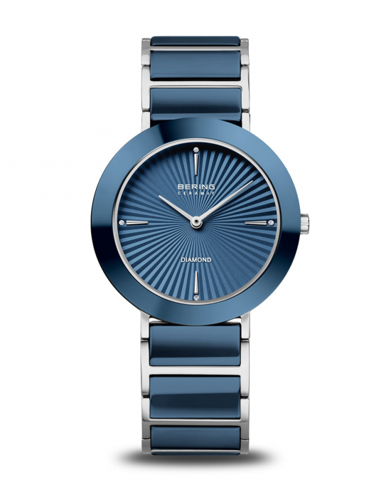 Bering horloge, stalen kast van 35 mm, stalen band met donkerblauw keramiek schakels, lunette is donkerblauw keramiek, blauwe Sunburst wijzerplaat met op 4 uursposities een diamant, saffier glas, 11435-70702 - 11115995