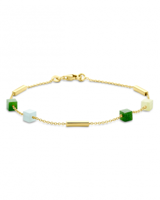14 krt geelgouden fantasie ankerschakel armband met rechthoekige balkjes, verder verfraaid met 4 diverse groentinten kwartsiet welke zijn geslepen in kubusvorm, 19 cm x 1,2 mm - 11116070