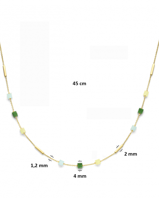 14 krt geelgouden fantasie ankerschakel collier met rechthoekige balkjes, verder verfraaid met 9 diverse groentinten kwartsiet welke zijn geslepen in kubusvorm, 45 cm x 1,2 mm - 11116071