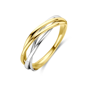 14 krt bicolor gouden fantasie ring met gekruiste banden, breedte bovenkant ca 5 mm - 11116076