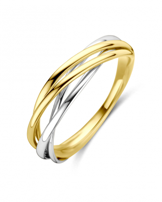 14 krt bicolor gouden fantasie ring met gekruiste banden, breedte bovenkant ca 5 mm - 11116076