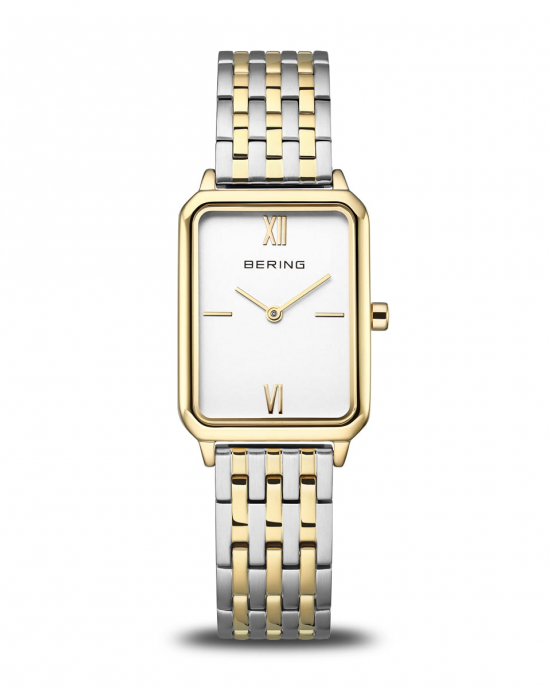 Bering horloge, langwerpige goudkleurige kast, bicolor stalen schakelband, saffierglas, lichte wijzerplaat met streep en romeinse indexen, 17423-714 - 11116247