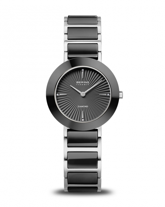 Bering horloge, stalen kast en stalen band in combinatie met zwart keramiek ( lunette en schakels ) en 4 x diamant op de wijzerplaat, 11429-702 - 11116248