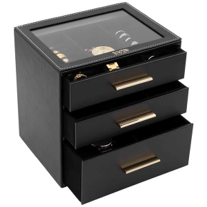 Een royale zwart PU-leer bijouxdoos bestaande uit drie lades, afmeting is 151x200x202 mm - 11116324