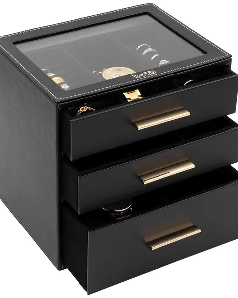 Een royale zwart PU-leer bijouxdoos bestaande uit drie lades, afmeting is 151x200x202 mm - 11116324