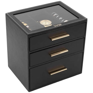 Een royale zwart PU-leer bijouxdoos bestaande uit drie lades, afmeting is 151x200x202 mm - 11116324