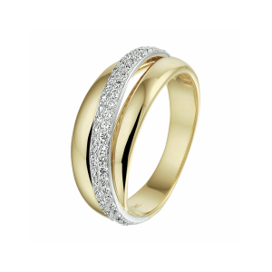 14k Bicolor geel- en witgouden ring uitgevoerd met een schitterend diamant vlak. De ring heeft een breedte van 8.5mm. gezamenlijk gewicht diamant is 0.47 crt. H-SI - 11111457