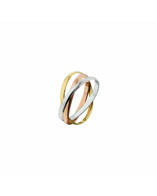 Tricolor wit- rose- en geelgouden ring bestaande uit 3 in elkaar geplaatste losse ringen.3 x 1,9 mm op maat 18 - 11115072