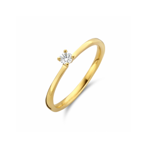 14k Geelgouden fantasie solitair ring ( uiteindes ring zijn uitgewerkt in een 4-poots draad-chaton ) uitgevoerd met een schitterende diamant ( 0,10 crt H-si ) welke briljant is geslepen  De ring heeft een breedte van 3mm - 11113356