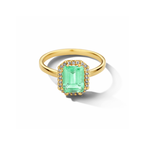 14krt Geelgouden fantasie kleursteenring uitgevoerd met groene amethist ( 10,5 x 8,5 mm ) en een krans van diamanten mert totaalgewicht van 0.10 crt H/Si. De groene amethist heeft een steengewicht van 1.75ct. - 11115765