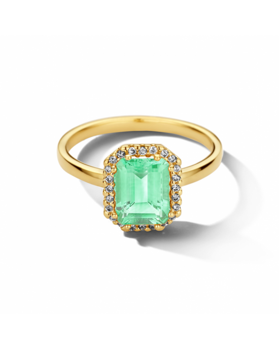 14krt Geelgouden fantasie kleursteenring uitgevoerd met groene amethist ( 10,5 x 8,5 mm ) en een krans van diamanten mert totaalgewicht van 0.10 crt H/Si. De groene amethist heeft een steengewicht van 1.75ct. - 11115765
