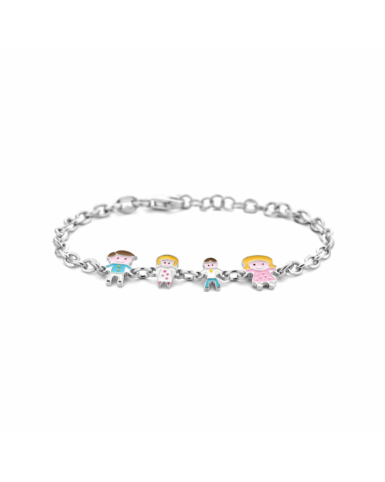 Gerhodineerd 925 zilveren armband uitgevoerd met vier hangers van een vader, een moeder en twee kinderen. De armband heeft een schakelbreedte van 3.2mm en is uitgevoerd met karabijnsluiting. 13 + 2 cm - 11115797