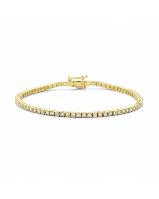14krt Geelgouden tennisarmband uitgevoerd met schitterende labgrown briljant geslepen diamanten. De tennisarmband heeft een draaglengte van 17.5cm en een schakelbreedte van 2.3mm, voorzien van een insteekveer en een veiligheidsachtje Het diamantgewicht is