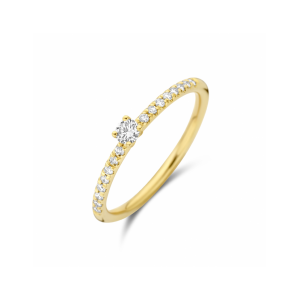 14k Geelgouden ring uitgevoerd met schitterende diamanten briljant geslepen. De ring heeft een breedte van 3mm , in het midden in een 4-poots chaton 1 x 0,09 crt en aan weerszijden zit 16 x 0.01 crt, totaal 0,25 crt H-Si - 11113358