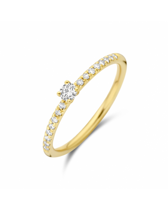 14k Geelgouden ring uitgevoerd met schitterende diamanten briljant geslepen. De ring heeft een breedte van 3mm , in het midden in een 4-poots chaton 1 x 0,09 crt en aan weerszijden zit 16 x 0.01 crt, totaal 0,25 crt H-Si - 11113358