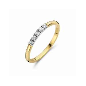 14k Bicolor geel- en witgouden ring uitgevoerd met een diamant rij. Voorzien van 5 briljant geslepen diamanten van elk 0.03 crt. Met kleur H en SI zuiverheid. De ring heeft een breedte van 2mm. op maat 17.5 - 11114064