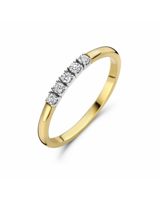 14k Bicolor geel- en witgouden ring uitgevoerd met een diamant rij. Voorzien van 5 briljant geslepen diamanten van elk 0.03 crt. Met kleur H en SI zuiverheid. De ring heeft een breedte van 2mm. op maat 17.5 - 11114064