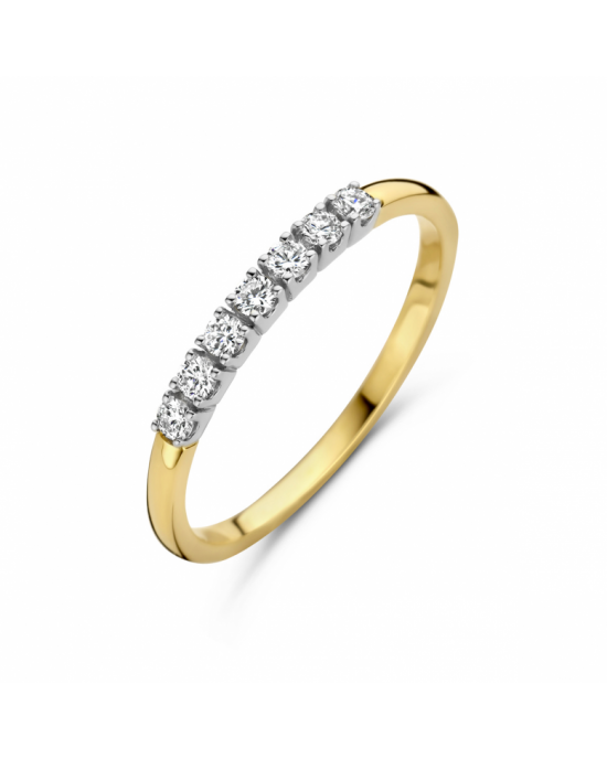 14k Bicolor geel- en witgouden alliancering uitgevoerd met 7 briljant gslepen diamanten van elk 0.03 crt. H/SI De ring heeft een breedte van 2mm, en is op maat 17.5 - 11114041
