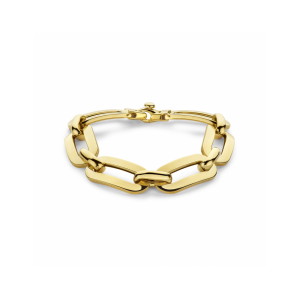 14k Geelgouden fantasieschakel armband, grote brede langwerpige schakels afgewisseld met kleinere dichte langwerpige schakels. Met een draaglengte van 20cm en een karabijn sluiting. De schakelbreedte is 13.5mm. - 11113363