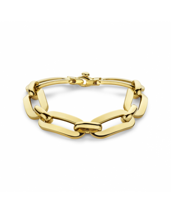 14k Geelgouden fantasieschakel armband, grote brede langwerpige schakels afgewisseld met kleinere dichte langwerpige schakels. Met een draaglengte van 20cm en een karabijn sluiting. De schakelbreedte is 13.5mm. - 11113363