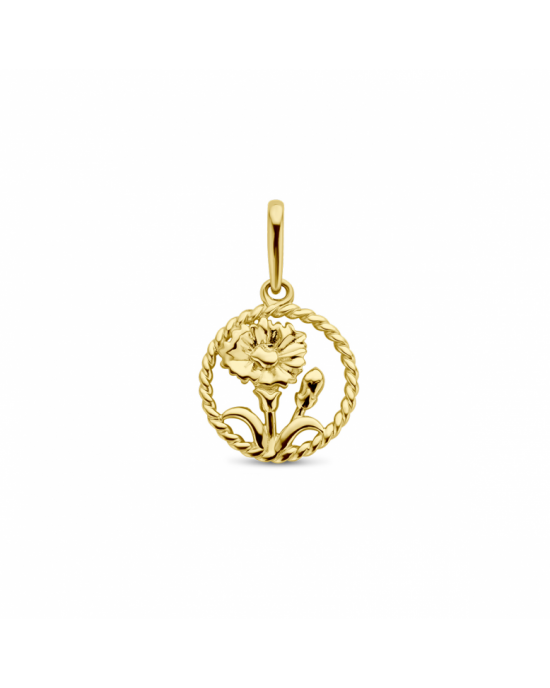 14krt Geelgouden ronde hanger ca 10 mm met een geboortebloem, Anjer welke staat voor de maand Januari, de hanger heeft een totale hoogte van 17mm. - 11114947