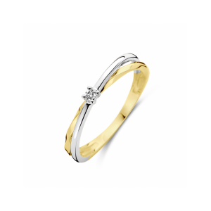 14k Bicolor wit- en geelgouden ring uitgevoerd met een 0.03 crt. briljant geslepen diamant. De ring heeft een breedte van 3mm. - 11114042
