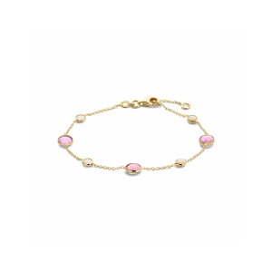 14k Geelgouden armband uitgevoerd met roze robijn en roze opaal. De draaglengtes van de armband zijn 17 en 19cm. De breedtes van de stenen met zetkast is 6.5 en 4.5mm - 11113349