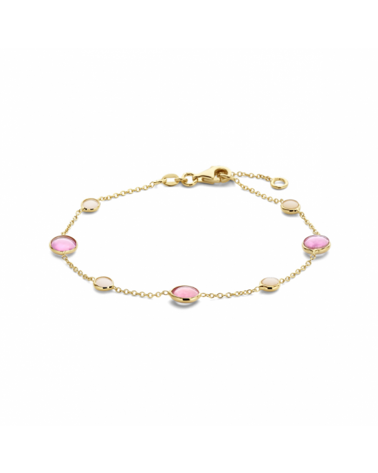 14k Geelgouden armband uitgevoerd met roze robijn en roze opaal. De draaglengtes van de armband zijn 17 en 19cm. De breedtes van de stenen met zetkast is 6.5 en 4.5mm - 11113349