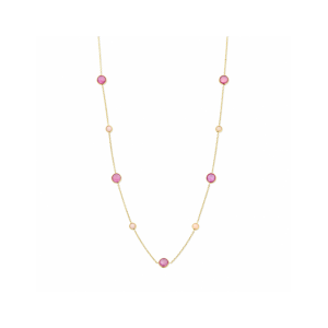 14k Geelgouden collier uitgevoerd met roze robijn en roze opaal. De draaglengtes van de collier zijn 42 en 45cm. De breedtes van de stenen met zetkast is 6.5 en 4.5mm. - 11113351