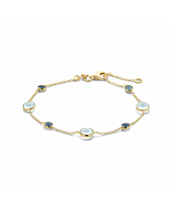 14k Geelgouden armband uitgevoerd met blauw topaas en london blue topaas. De draaglengtes van de armband zijn 17 en 19cm. De breedtes van de stenen met zetkast is 6.5 en 4.5mm - 11113352