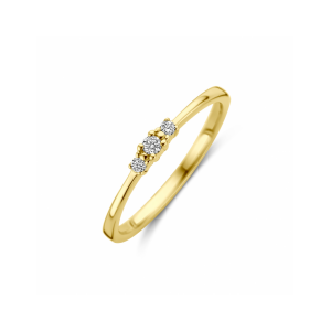 14k Geelgouden ring uitgevoerd met 3 briljant geslepen natuurlijke diamanten. De ring heeft een breedte van 2.5mm. Het gezamenlijke diamantgewicht is 0.08ct. - 11115742