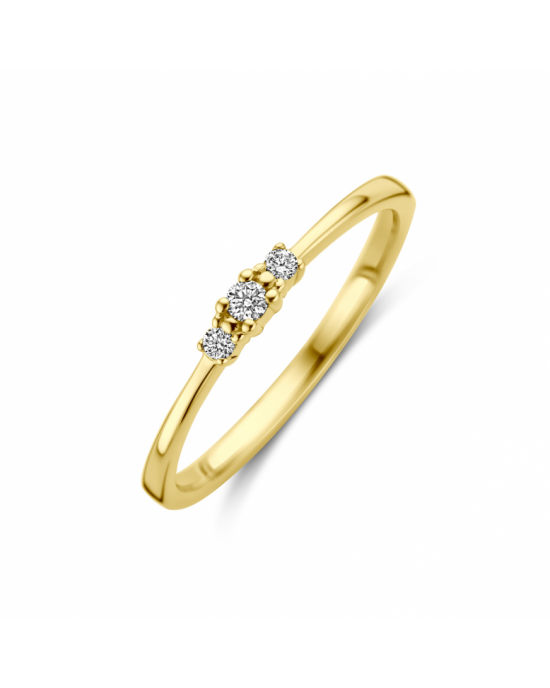 14k Geelgouden ring uitgevoerd met 3 briljant geslepen natuurlijke diamanten. De ring heeft een breedte van 2.5mm. Het gezamenlijke diamantgewicht is 0.08ct. - 11115742