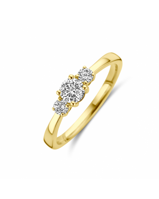 14k Geelgouden trilogie ring uitgevoerd met 3 briljant geslepen lab grown diamanten. De ring heeft een breedte van 4.5mm en het diamant totaalgewicht is 0.46ct H-Si. Deze Lab grown diamanten zijn diamanten die ontstaan in een laboratorium. Onder extreem h