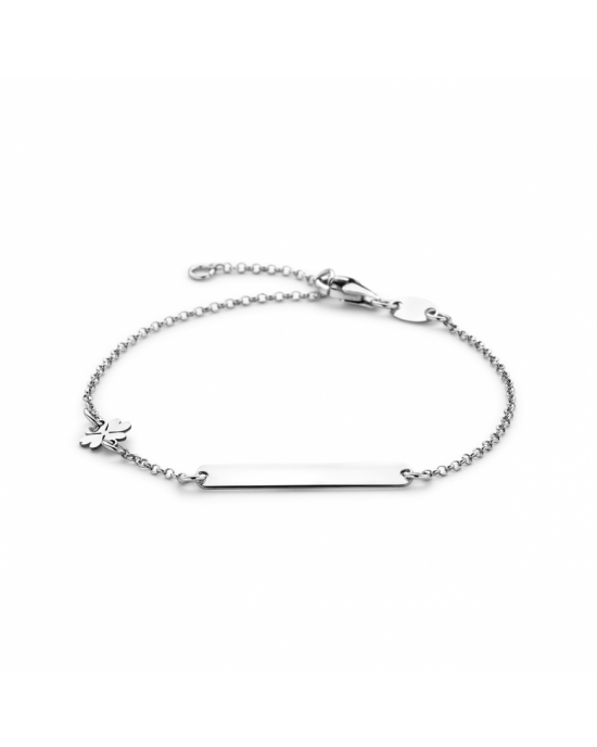 Gerhodineerd 925 zilveren graveerarmband met een plaat van 26x3.5mm en een klavertje. De armband heeft draaglengtes van 14cm en 16cm. De schakelbreedte is 1.3mm en de dikte van de plaat is 0.5mm. Uitgevoerd met een karabijn sluiting. - 11115798
