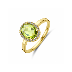 14krt Geelgouden fantasie entourage ring uitgevoerd met ovaal gefacetteerde peridot ca 9 x 7 mm en een krans van  diamant met een totaalgewicht van 0.10 crt H-si - 11114937