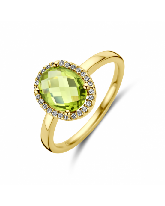 14krt Geelgouden fantasie entourage ring uitgevoerd met ovaal gefacetteerde peridot ca 9 x 7 mm en een krans van  diamant met een totaalgewicht van 0.10 crt H-si - 11114937