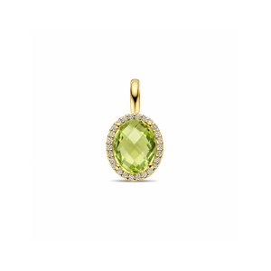 14krt geelgouden fantasie entouragehanger uitgevoerd met een ovale gefacetteerde peridot van 9 x 7 mm en een krans van diamanten, totaal gewicht 0,10 crt H-Si. De hanger heeft een afmeting van 17.5 x 9.5mm. - 11114945