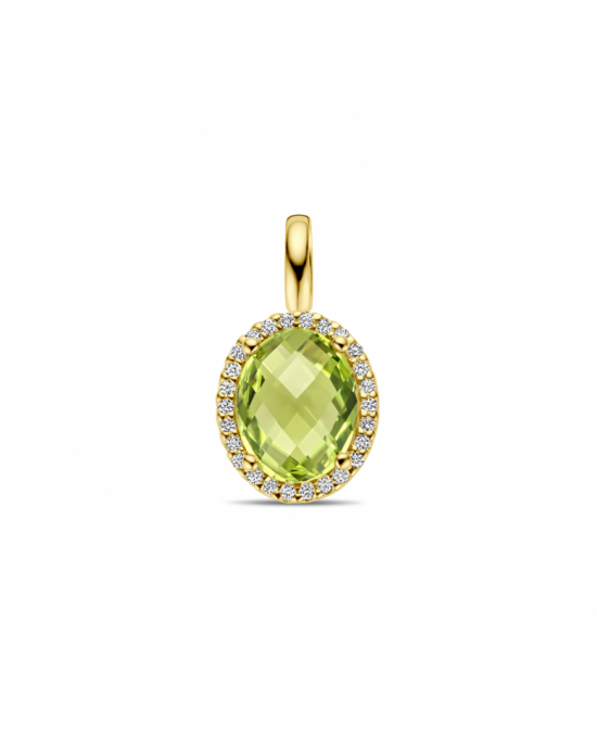 14krt geelgouden fantasie entouragehanger uitgevoerd met een ovale gefacetteerde peridot van 9 x 7 mm en een krans van diamanten, totaal gewicht 0,10 crt H-Si. De hanger heeft een afmeting van 17.5 x 9.5mm. - 11114945