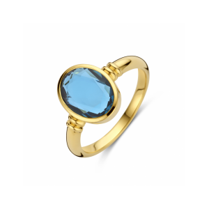 14 krt geelgouden fantasie ring in de stijl van een zegelring met een dubbel bontje bij de zetkast. De ring is verfraaid met een ovale gefacetteerde London Blue topaas van 12 x 9,5 mm - 11114939