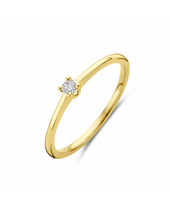 14k Geelgouden solitairring uitgevoerd met diamant. De ring heeft een stevige band met een breedte van 2.75mm.  De briljant geslepen diamant heeft een gewicht is 0.05ct. - 11115814