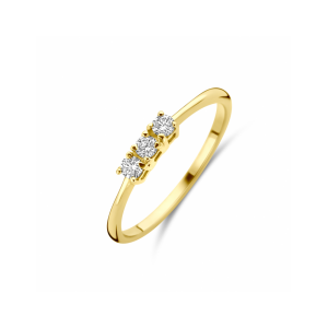 18krt Geelgouden memoire ring uitgevoerd met drie verhoogde 4-poots chatons, elke chaton is verfraaid met 0.05 crt briljant geslepen diamant, totaal 0.15 crt H/Si - 11116477