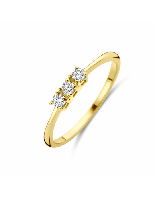 18krt Geelgouden memoire ring uitgevoerd met drie verhoogde 4-poots chatons, elke chaton is verfraaid met 0.05 crt briljant geslepen diamant, totaal 0.15 crt H/Si - 11116477