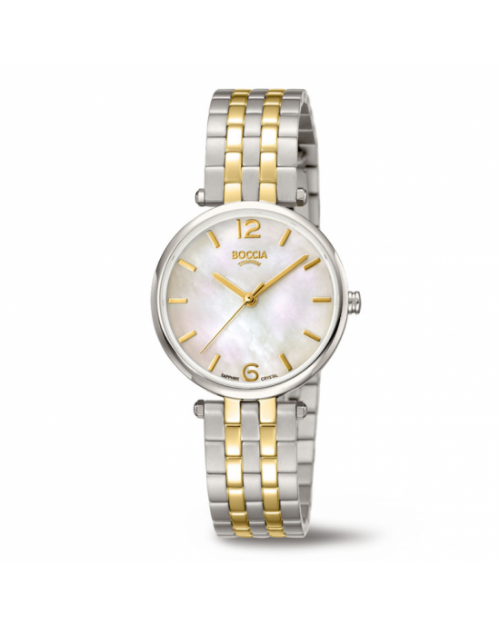 Boccia Titanium 3339-04 Dames  Dit dameshorloge van Boccia heeft een klassieke uitstraling. De 3339-04 heeft een ronde titanium horlogekast met een diameter van 30mm met een parelmoer wijzerplaat met een goudkleurige uursaanduiding. Met een vaste aanzet a